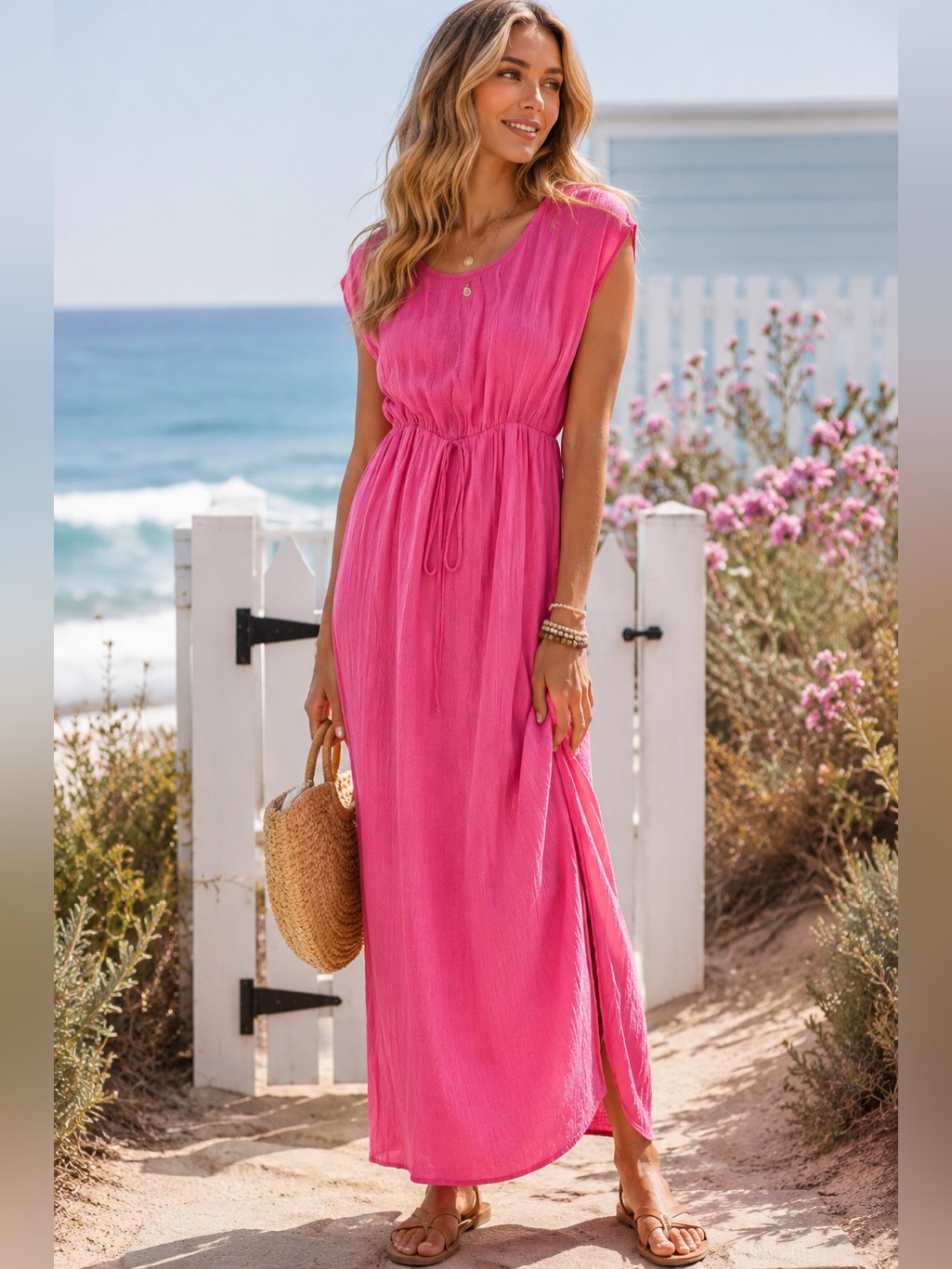 Pink Solid Maxi Dress Os Resortwear Beachy Drawstring Elastic Waist Tropical Bbq